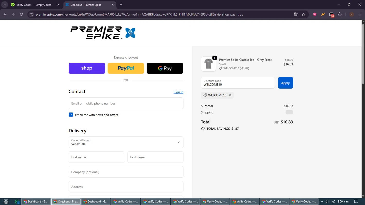 Premier Spike promo code screenshot showing code WELCOME10 applied at Premier Spike checkout page. Uploaded by SimplyCodes community member GoldSentinel1426 on Nov 29, 2025