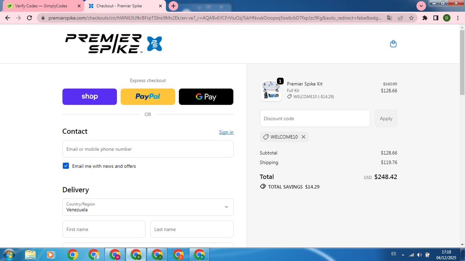 Premier Spike promo code screenshot showing code WELCOME10 applied at Premier Spike checkout page. Uploaded by SimplyCodes community member SilverMonarch5527 on Dec 4, 2025