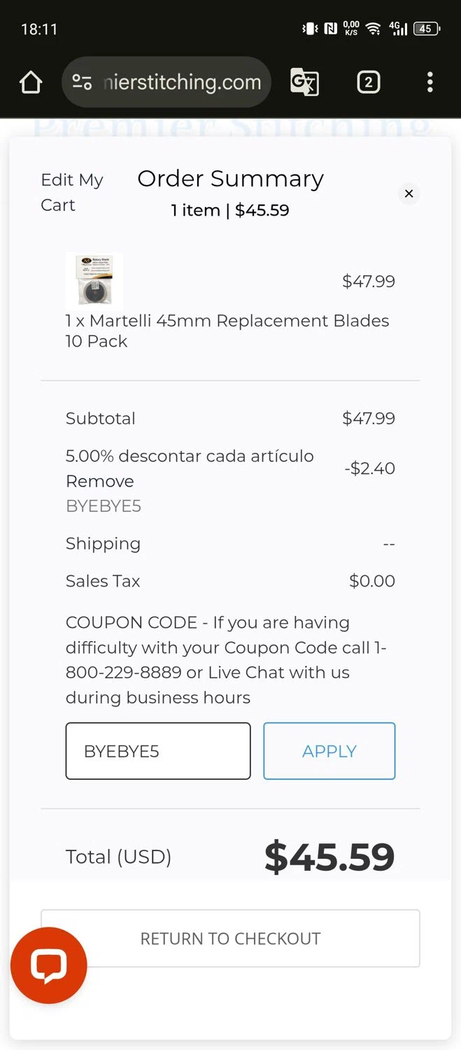 Premier Stitching coupon code screenshot showing code BYEBYE5 applied at Premier Stitching checkout page. Uploaded by SimplyCodes community member Papiee on Dec 27, 2025