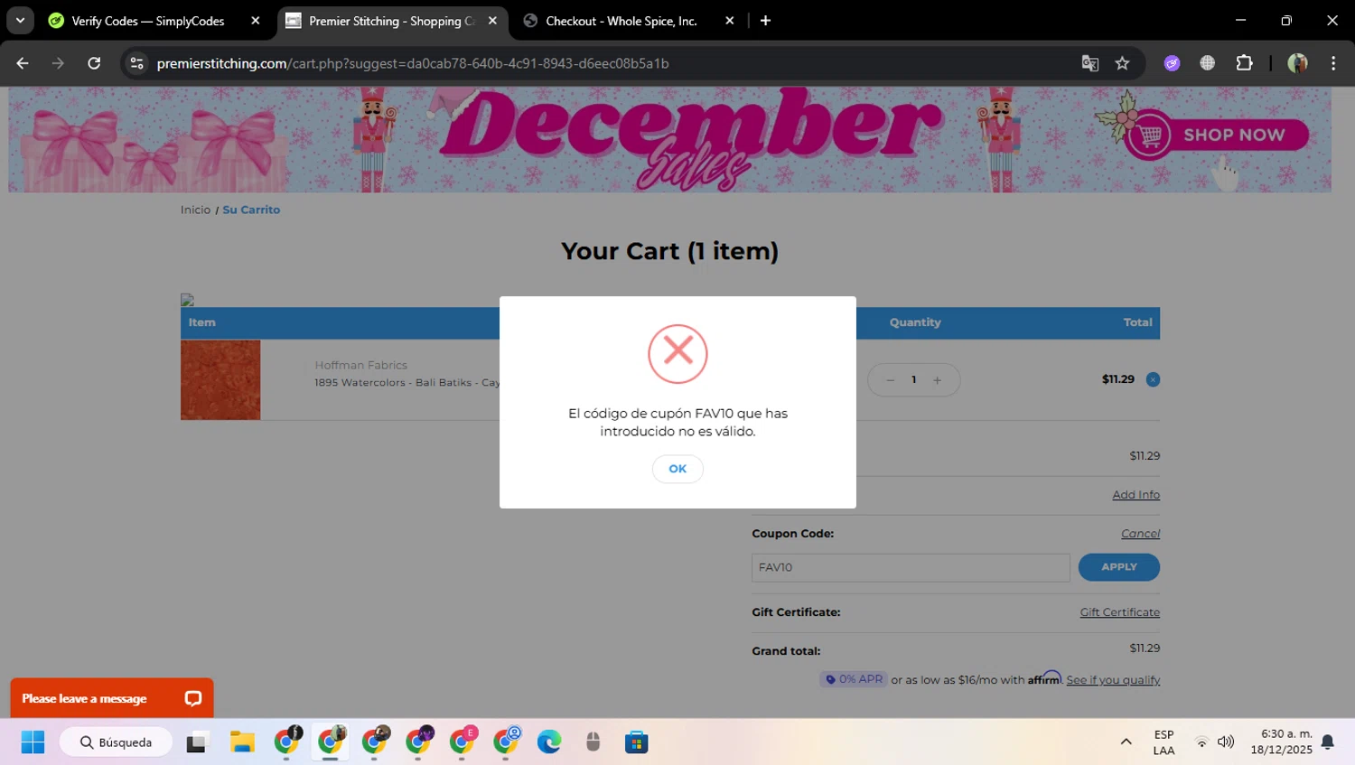 Premier Stitching coupon code screenshot showing code FAV10 applied at Premier Stitching checkout page. Uploaded by SimplyCodes community member MoneySentinel7597 on Dec 18, 2025