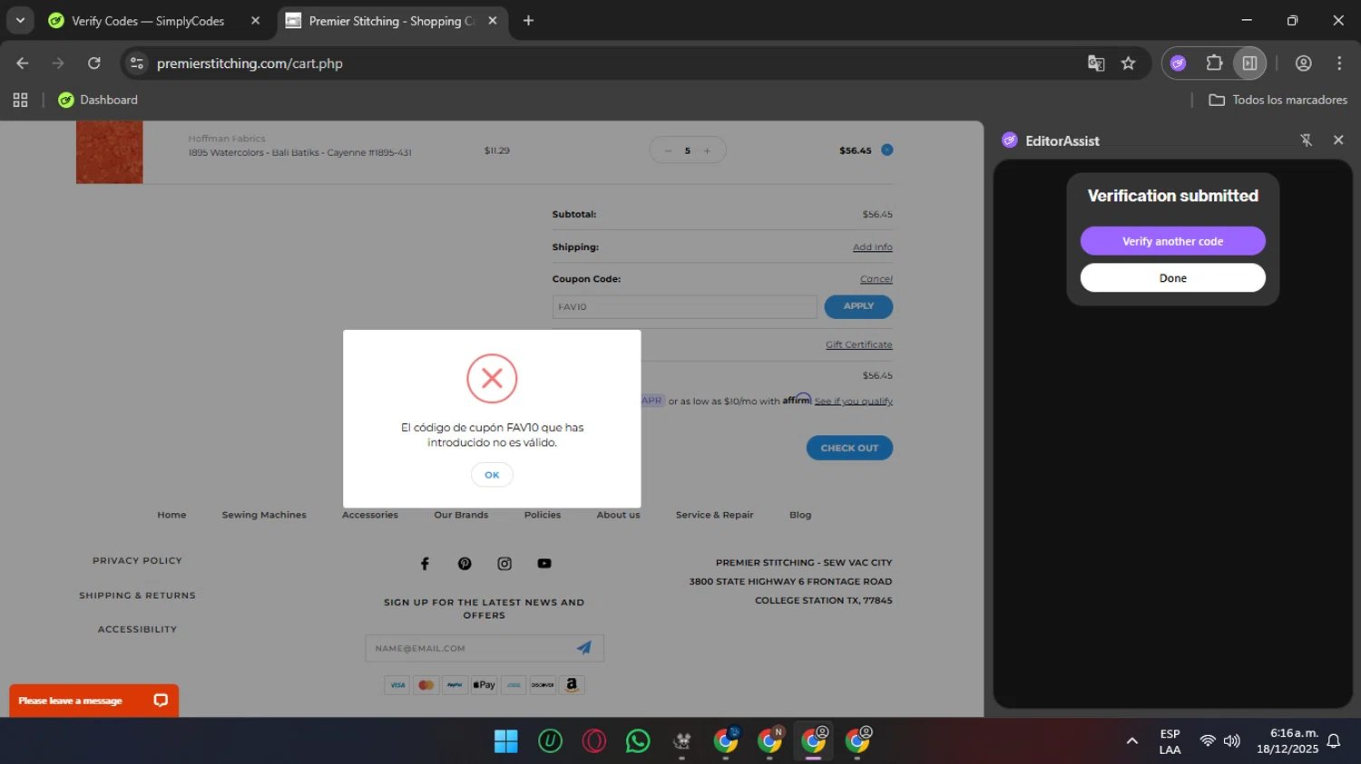 Premier Stitching coupon code screenshot showing code FAV10 applied at Premier Stitching checkout page. Uploaded by SimplyCodes community member rauzzzz on Dec 18, 2025