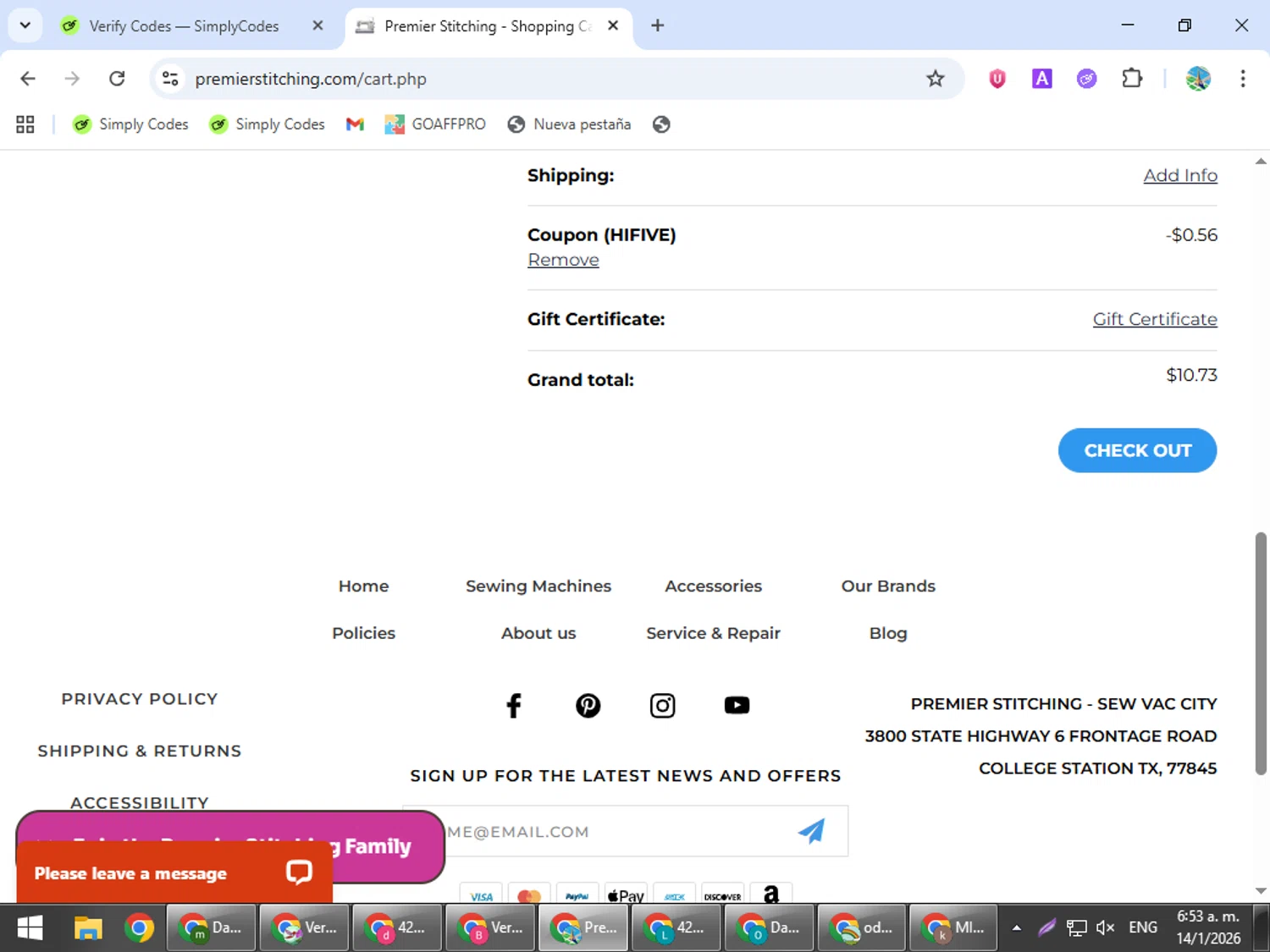 Premier Stitching coupon code screenshot showing code Hifive applied at Premier Stitching checkout page. Uploaded by SimplyCodes community member ShrewdSpotter4101 on Jan 14, 2026