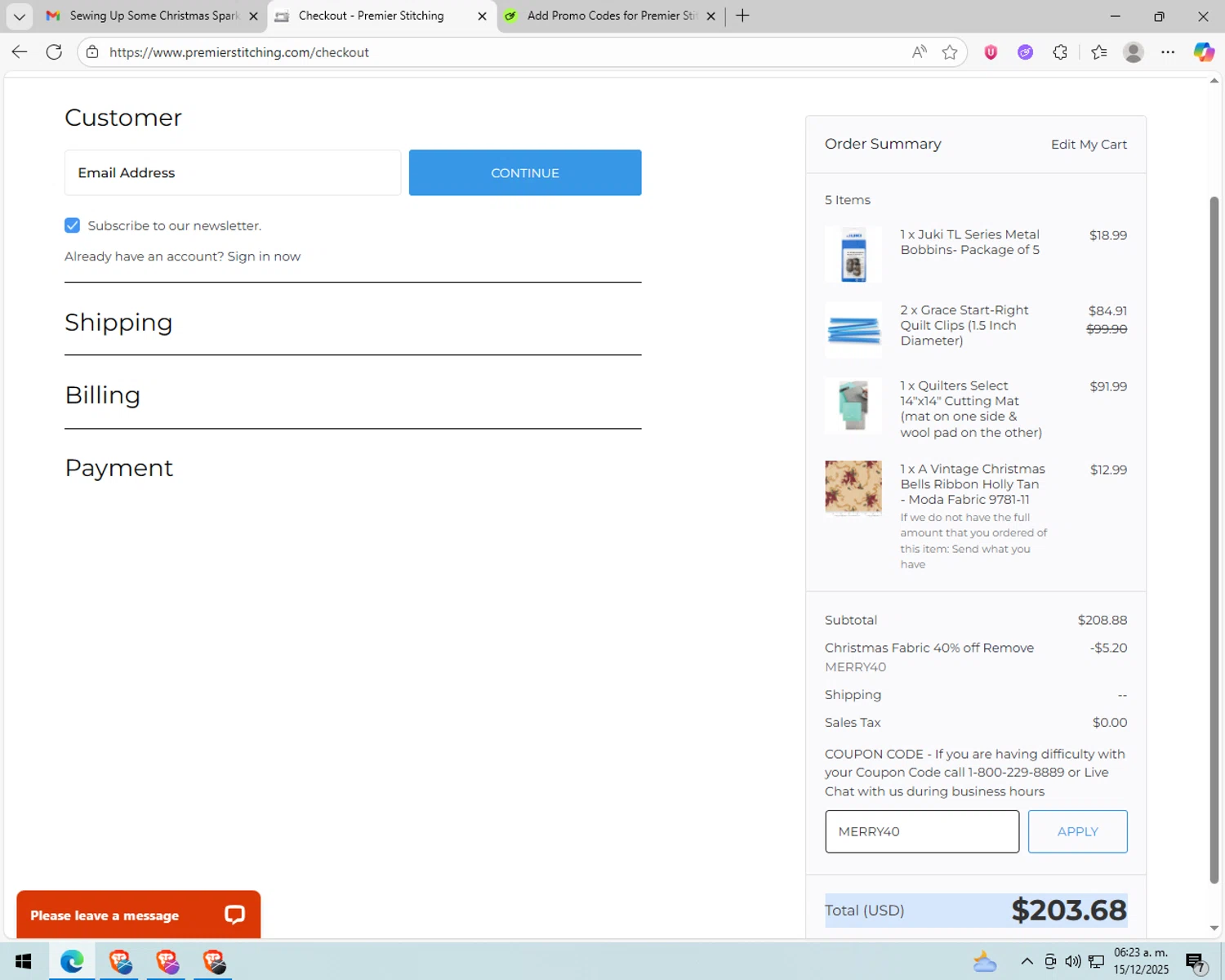 Premier Stitching coupon code screenshot showing code MERRY40 applied at Premier Stitching checkout page. Uploaded by SimplyCodes community member peachee on Dec 15, 2025