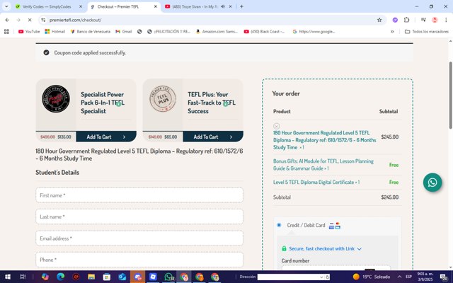 Premier TEFL checkout page showing Premier TEFL promo code box | Screenshot taken by SimplyCodes community member on Sep 3, 2025