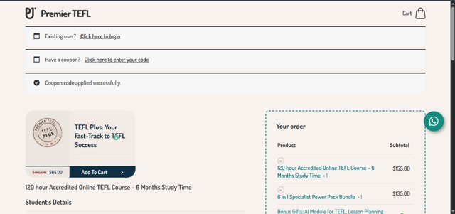 Premier TEFL checkout page showing Premier TEFL promo code box | Screenshot taken by SimplyCodes community member on Aug 30, 2025
