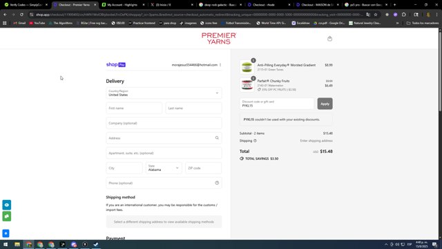 Premier Yarns checkout page showing Premier Yarns discount code box | Screenshot taken by SimplyCodes community member on Aug 15, 2025