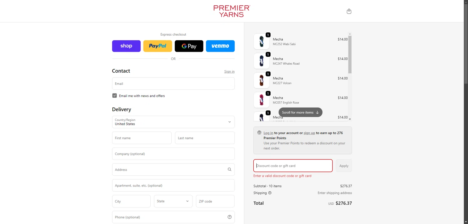 Premier Yarns promo code screenshot showing code B1G1 applied at Premier Yarns checkout page. Uploaded by SimplyCodes community member connyshan2154 on Feb 23, 2026