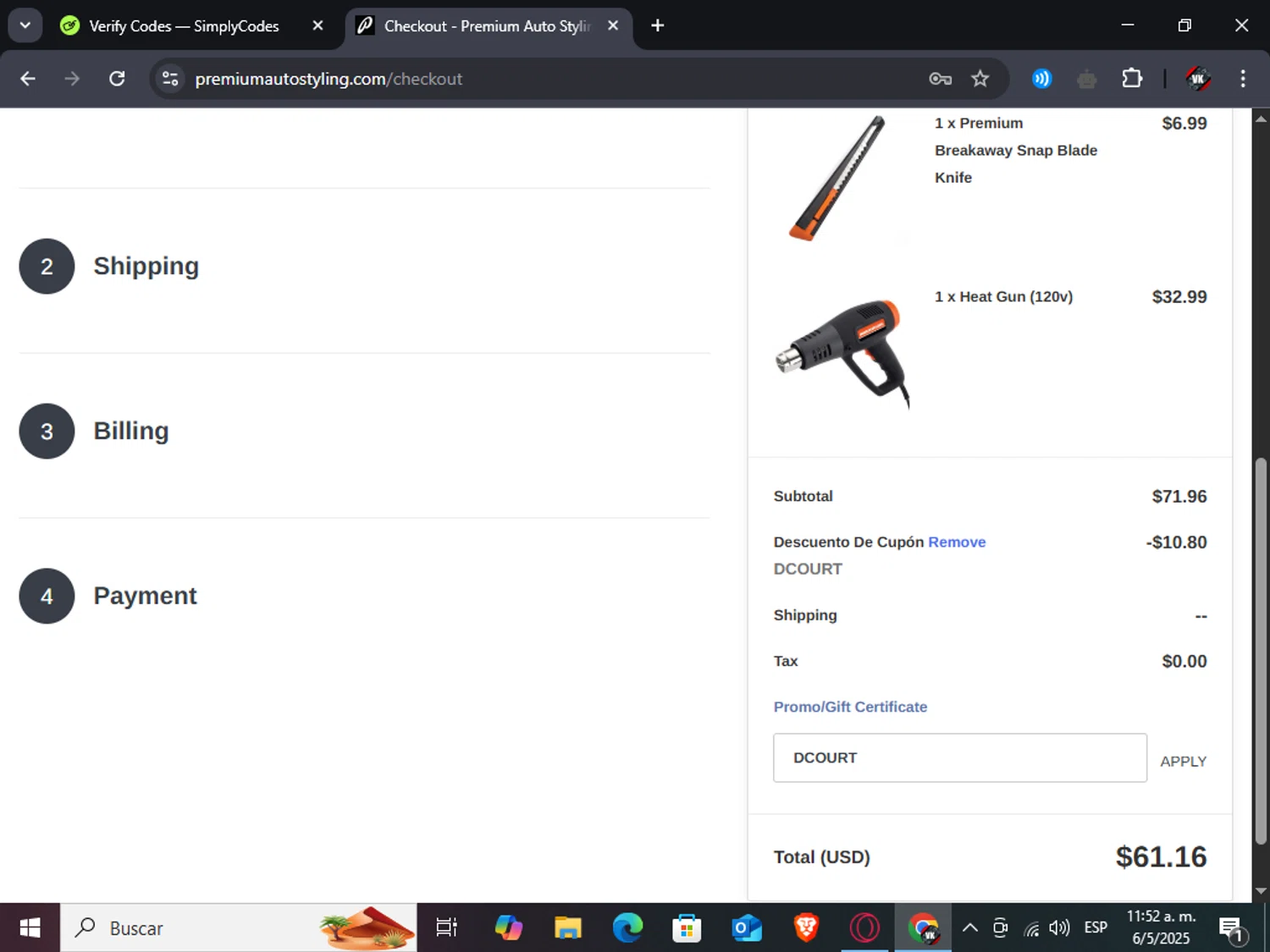 Premium Auto Styling promo code screenshot showing code DCOURT applied at Premium Auto Styling checkout page. Uploaded by SimplyCodes community member TreasureAdmiral6867 on May 6, 2025