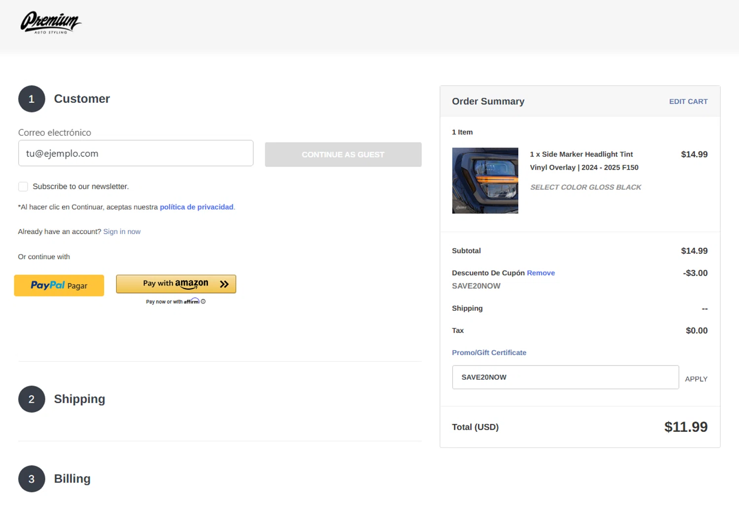Premium Auto Styling promo code screenshot showing code SAVE20NOW applied at Premium Auto Styling checkout page. Uploaded by SimplyCodes community member widdyto on Aug 23, 2025