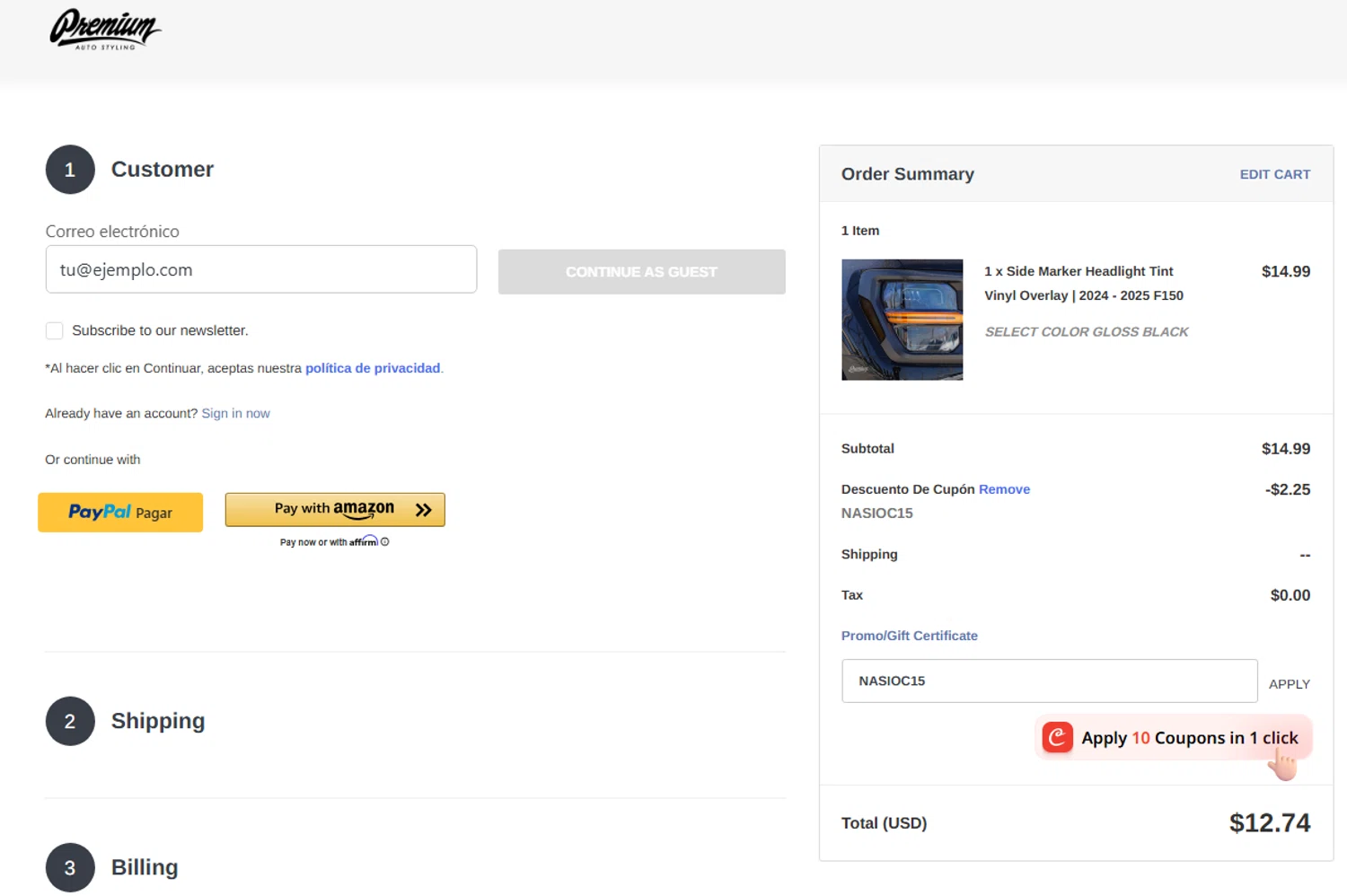 Premium Auto Styling promo code screenshot showing code NASIOC15 applied at Premium Auto Styling checkout page. Uploaded by SimplyCodes community member widdyto on Aug 23, 2025
