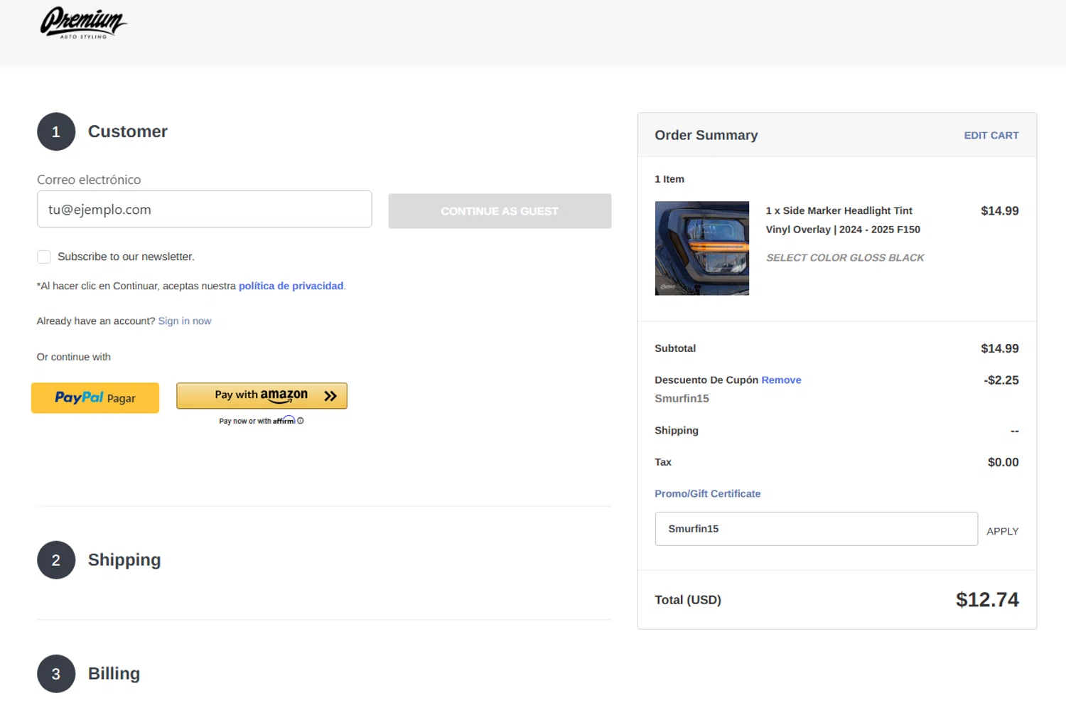 Premium Auto Styling promo code screenshot showing code Smurfin15 applied at Premium Auto Styling checkout page. Uploaded by SimplyCodes community member widdyto on Aug 23, 2025