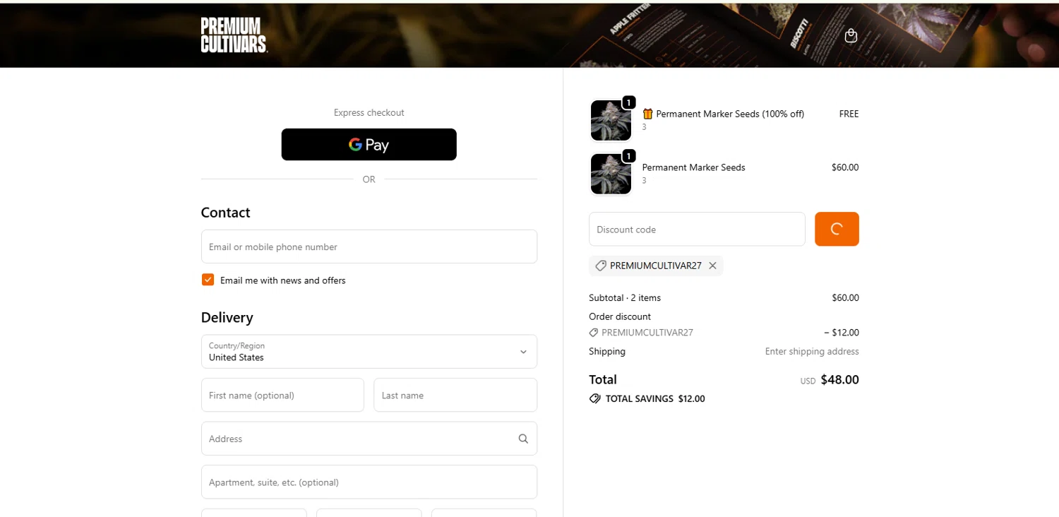 Premium Cultivars promo code screenshot showing code premiumcultivar27 applied at Premium Cultivars checkout page. Uploaded by SimplyCodes community member kalltrom21 on Dec 22, 2025