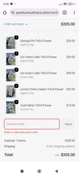 Premium Cultivars coupon verification screenshot