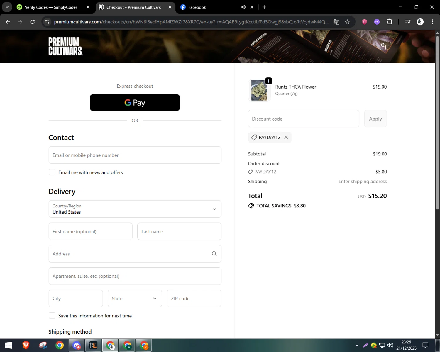 Premium Cultivars promo code screenshot showing code PAYDAY12 applied at Premium Cultivars checkout page. Uploaded by SimplyCodes community member CleverSentinel9441 on Dec 22, 2025