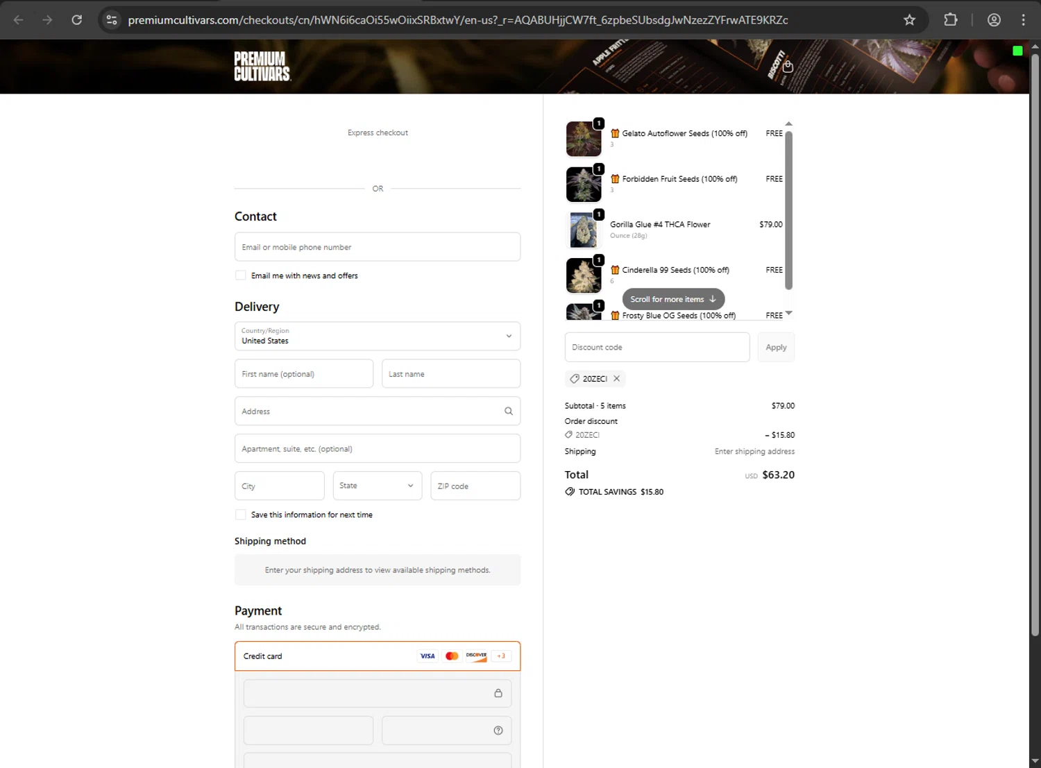 Premium Cultivars promo code screenshot showing code 20ZECI applied at Premium Cultivars checkout page. Uploaded by SimplyCodes community member luffyreturn on Dec 22, 2025