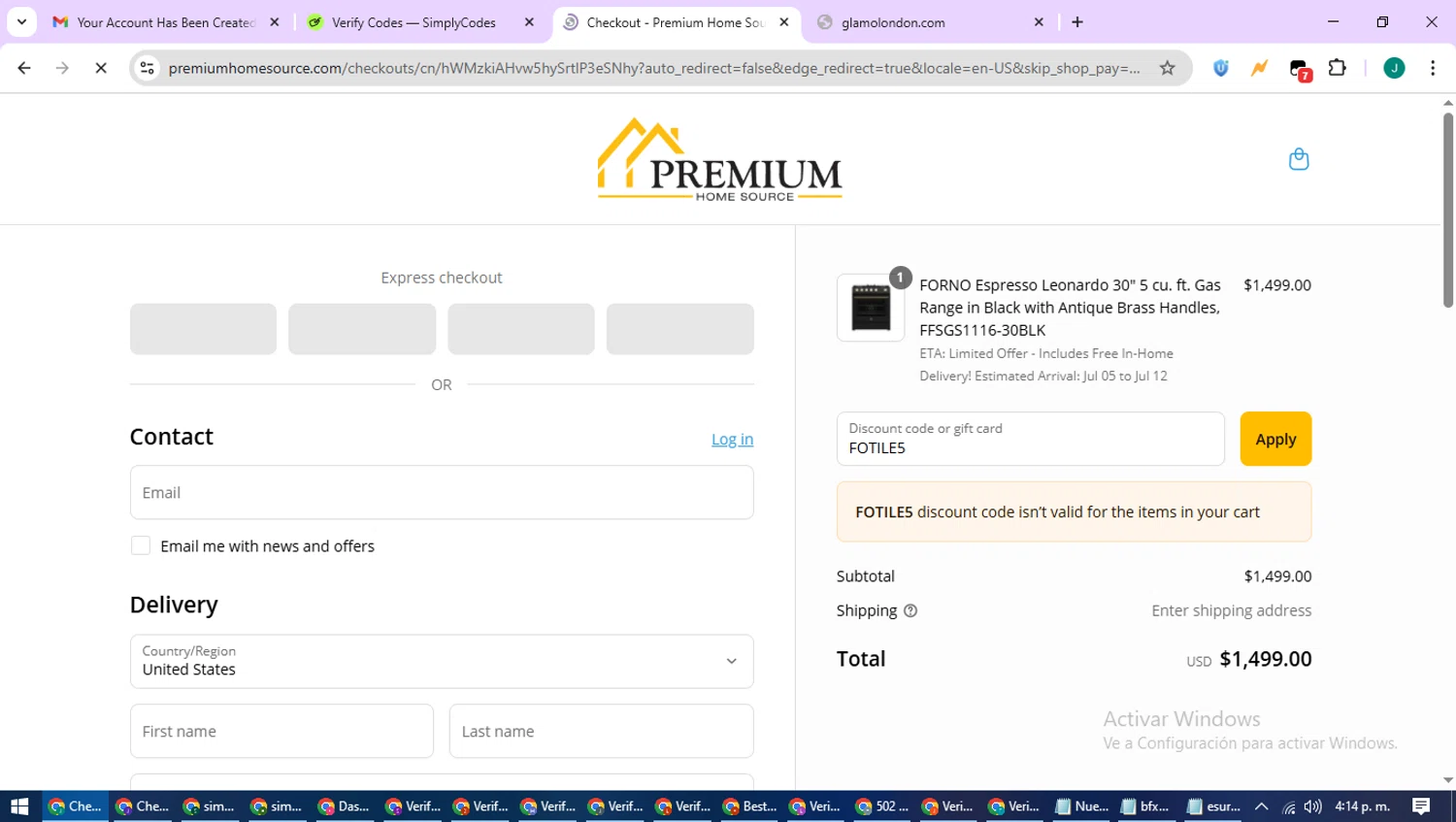 Premium Home Source discount code screenshot showing code FOTILE5 applied at Premium Home Source checkout page. Uploaded by SimplyCodes community member SavvyCurator1770 on Jun 21, 2025