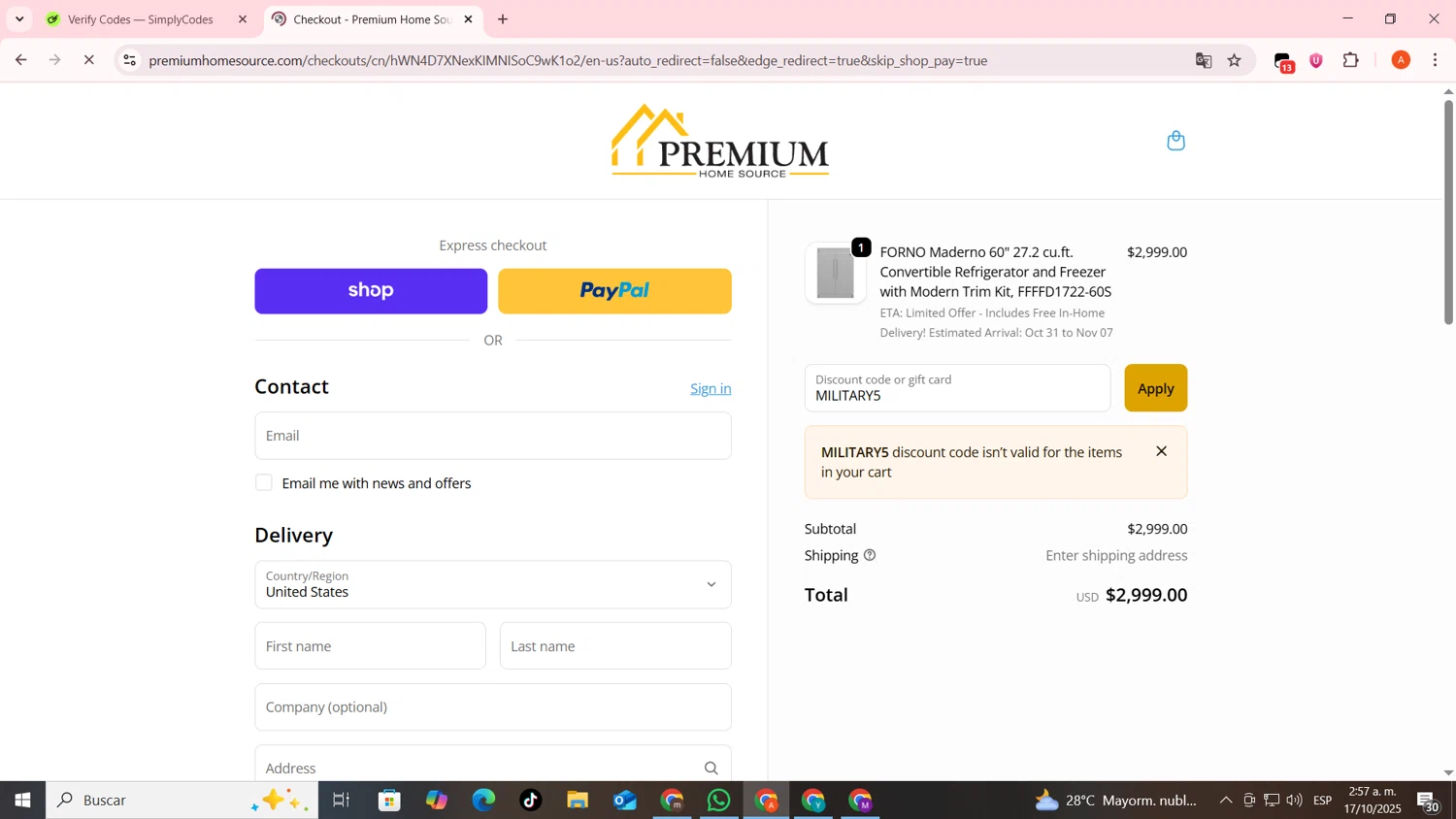 Premium Home Source discount code screenshot showing code MILITARY5 applied at Premium Home Source checkout page. Uploaded by SimplyCodes community member FrugalSentinel6206 on Oct 17, 2025