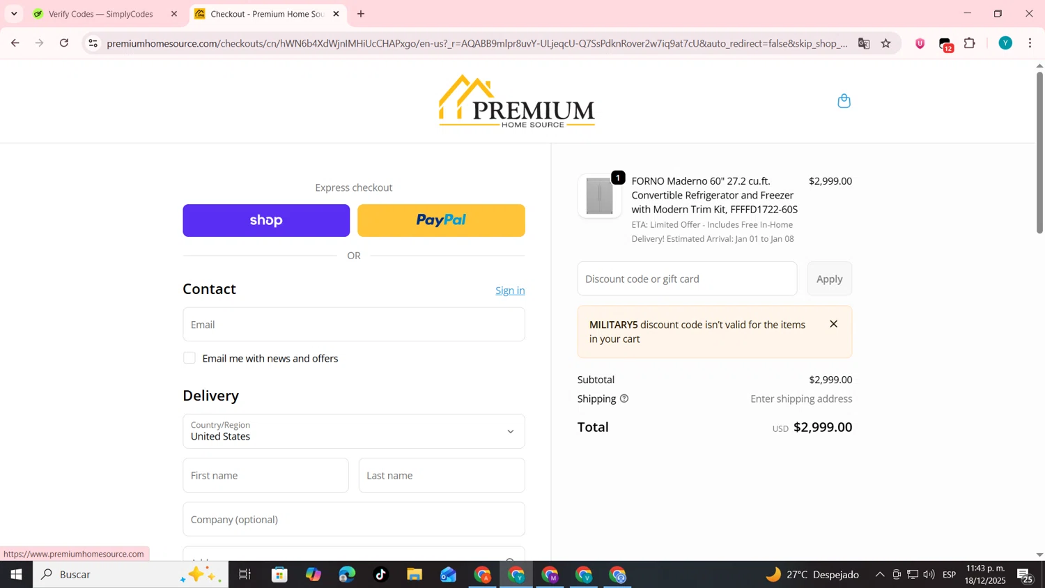 Premium Home Source discount code screenshot showing code MILITARY5 applied at Premium Home Source checkout page. Uploaded by SimplyCodes community member codygakpo on Dec 19, 2025