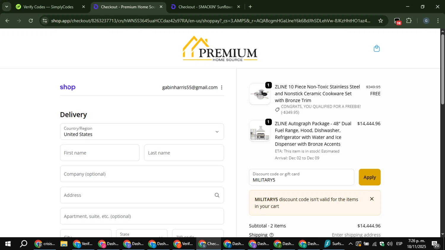 Premium Home Source discount code screenshot showing code MILITARY5 applied at Premium Home Source checkout page. Uploaded by SimplyCodes community member gabinharris55 on Nov 18, 2025