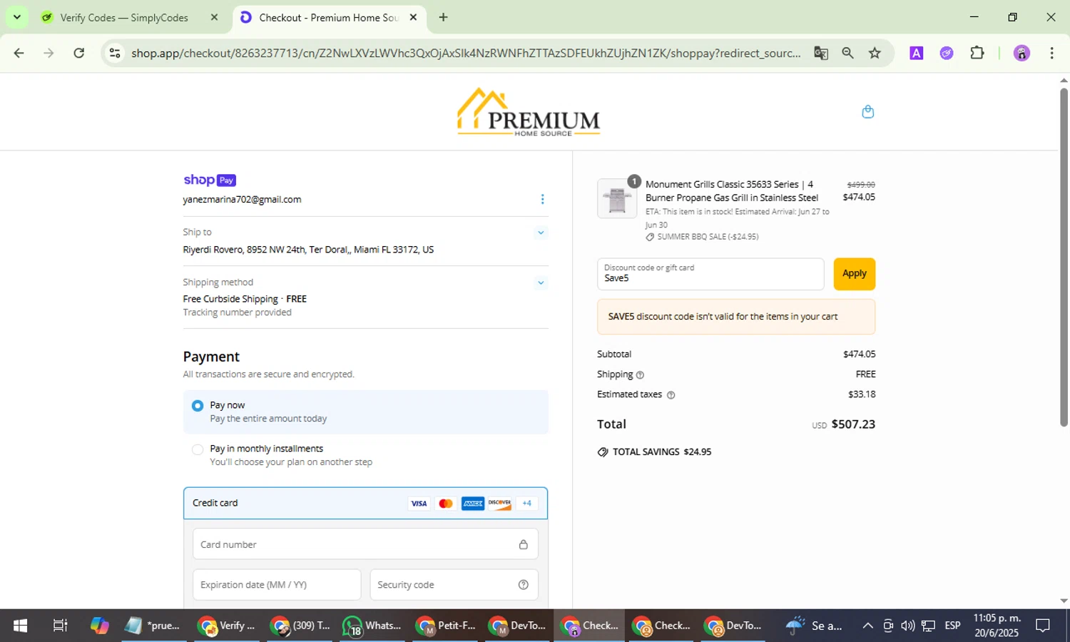 Premium Home Source discount code screenshot showing code Save5 applied at Premium Home Source checkout page. Uploaded by SimplyCodes community member PrimeWizard5860 on Jun 21, 2025