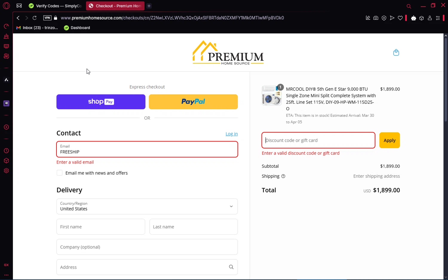 Premium Home Source discount code screenshot showing code FREESHIP applied at Premium Home Source checkout page. Uploaded by SimplyCodes community member ShrewdPioneer2612 on Mar 26, 2025
