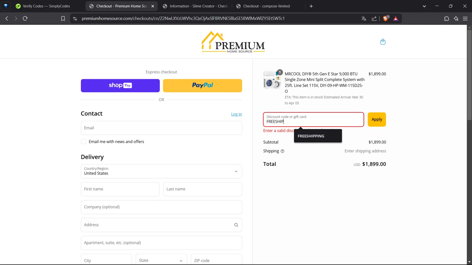 Premium Home Source discount code screenshot showing code FREESHIP applied at Premium Home Source checkout page. Uploaded by SimplyCodes community member VoucherShopper4674 on Mar 27, 2025
