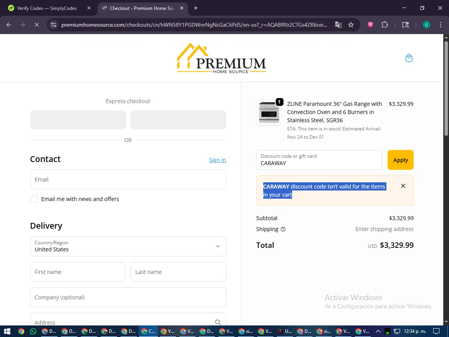 Premium Home Source discount code screenshot showing code CARAWAY applied at Premium Home Source checkout page. Uploaded by SimplyCodes community member PennyFinder5759 on Nov 10, 2025