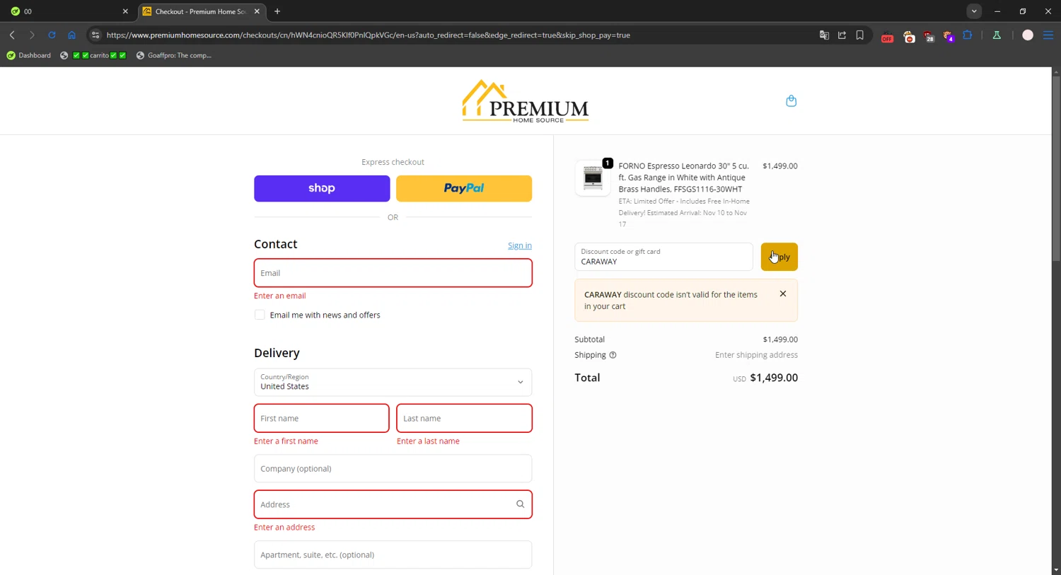Premium Home Source discount code screenshot showing code CARAWAY applied at Premium Home Source checkout page. Uploaded by SimplyCodes community member connyshan2154 on Oct 28, 2025