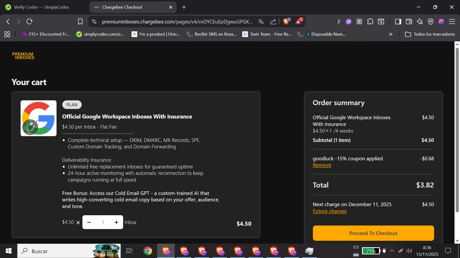 Premium Inboxes promo code screenshot showing code GOODLUCK applied at Premium Inboxes checkout page. Uploaded by SimplyCodes community member DORIANGEL on Nov 13, 2025