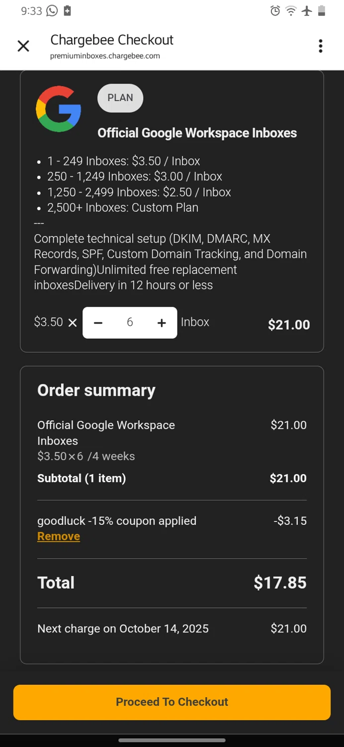 Premium Inboxes promo code screenshot showing code GOODLUCK applied at Premium Inboxes checkout page. Uploaded by SimplyCodes community member TokenBoss3478 on Sep 16, 2025