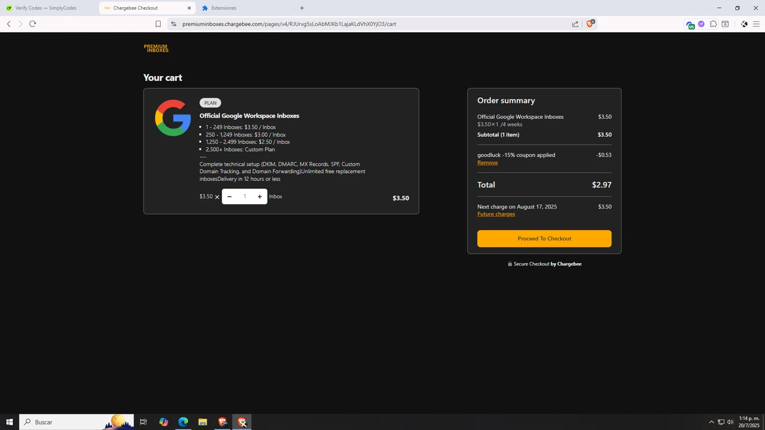 Premium Inboxes promo code screenshot showing code GOODLUCK applied at Premium Inboxes checkout page. Uploaded by SimplyCodes community member VictoriousDefender7352 on Jul 20, 2025