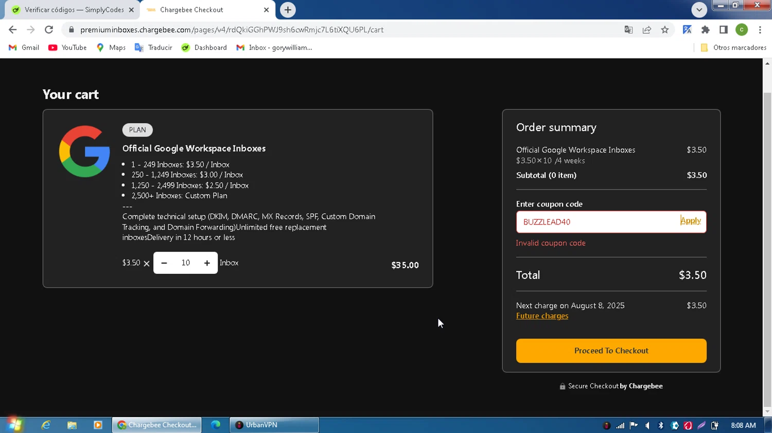 Premium Inboxes promo code screenshot showing code BUZZLEAD40 applied at Premium Inboxes checkout page. Uploaded by SimplyCodes community member MagnificentPilot8371 on Jul 11, 2025