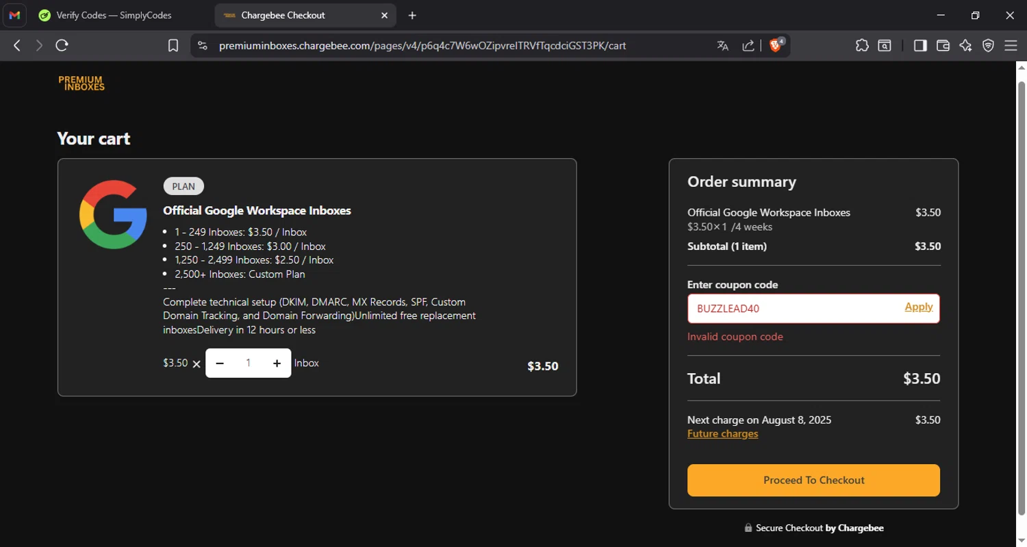 Premium Inboxes promo code screenshot showing code BUZZLEAD40 applied at Premium Inboxes checkout page. Uploaded by SimplyCodes community member Migu_u on Jul 11, 2025