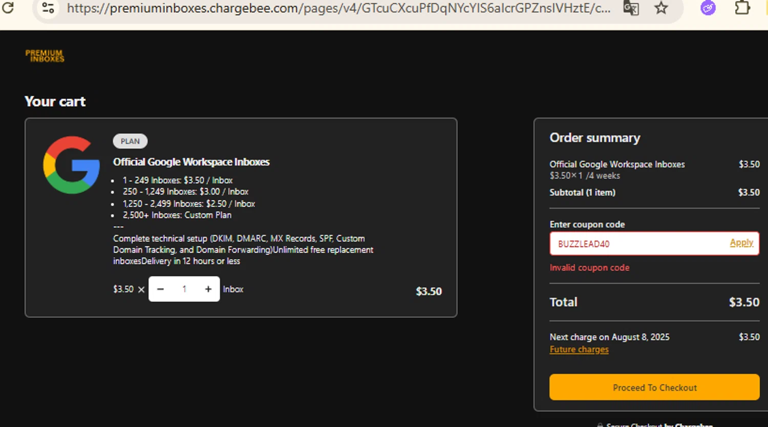 Premium Inboxes promo code screenshot showing code BUZZLEAD40 applied at Premium Inboxes checkout page. Uploaded by SimplyCodes community member RewardFinder4836 on Jul 11, 2025