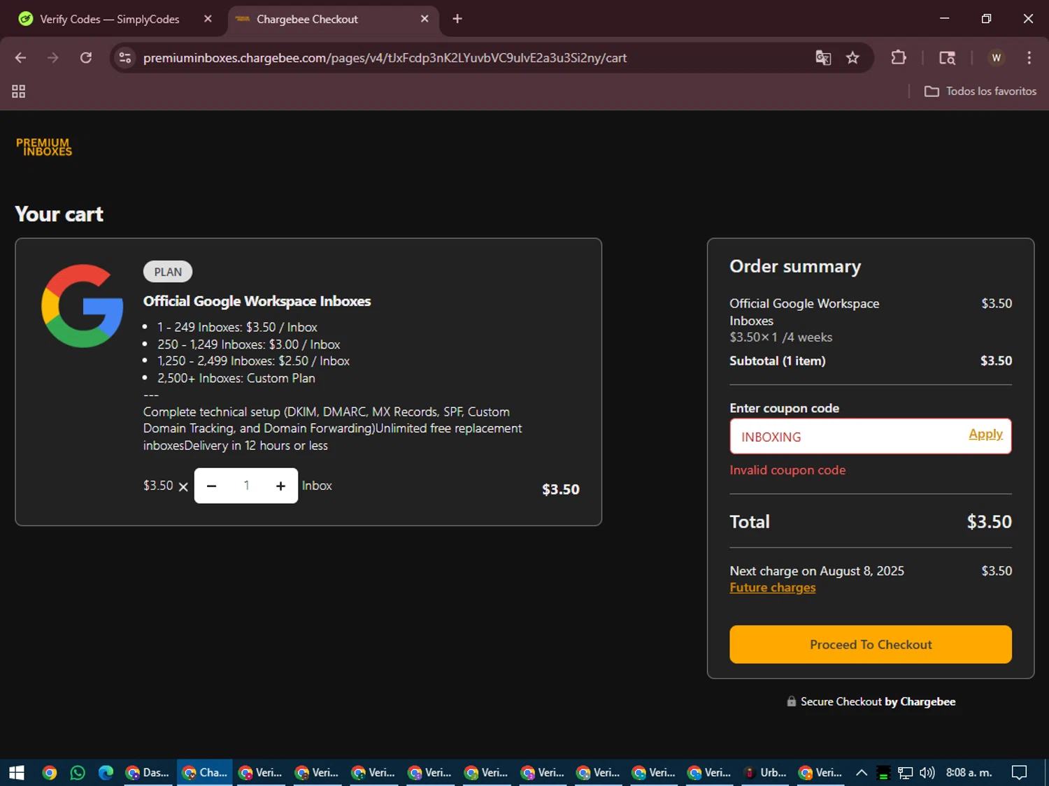 Premium Inboxes promo code screenshot showing code INBOXING applied at Premium Inboxes checkout page. Uploaded by SimplyCodes community member DealMaestro2101 on Jul 11, 2025