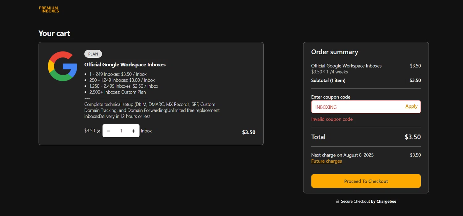 Premium Inboxes promo code screenshot showing code INBOXING applied at Premium Inboxes checkout page. Uploaded by SimplyCodes community member perrasimplera on Jul 11, 2025