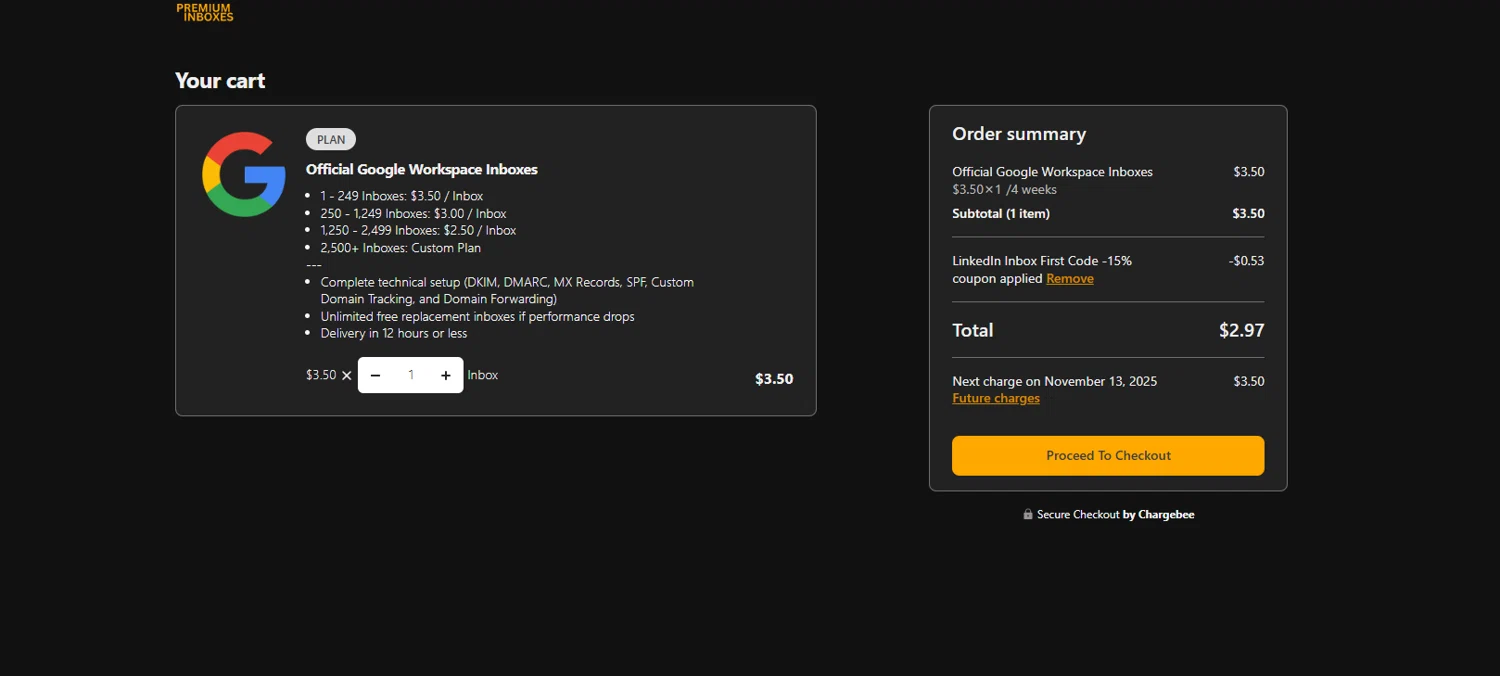 Premium Inboxes promo code screenshot showing code INBOXFIRST applied at Premium Inboxes checkout page. Uploaded by SimplyCodes community member PennyScout6137 on Oct 16, 2025