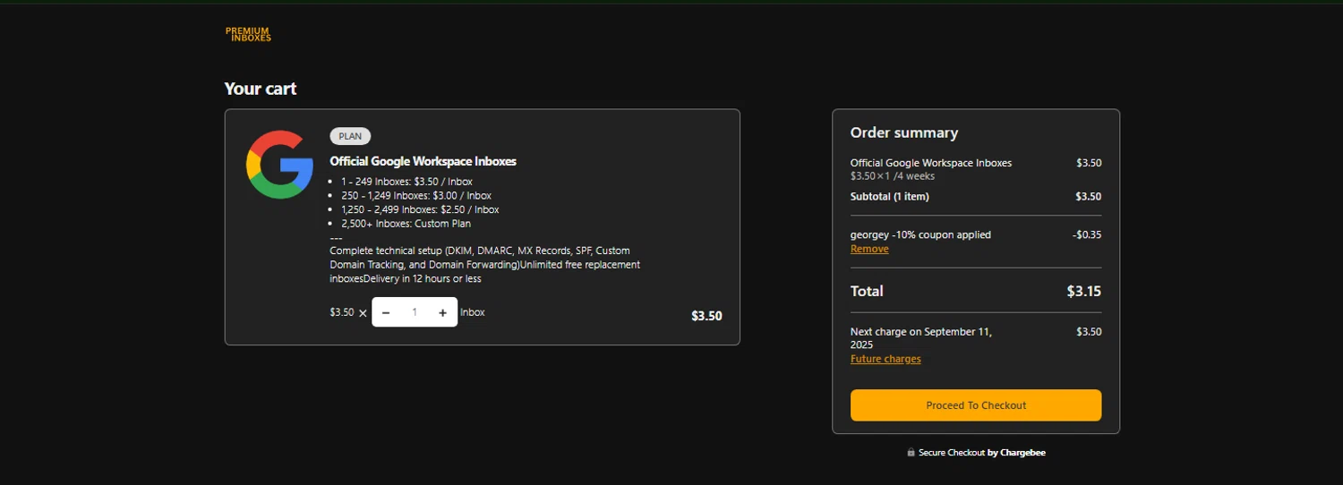 Premium Inboxes promo code screenshot showing code georgey applied at Premium Inboxes checkout page. Uploaded by SimplyCodes community member OnlywM on Aug 14, 2025