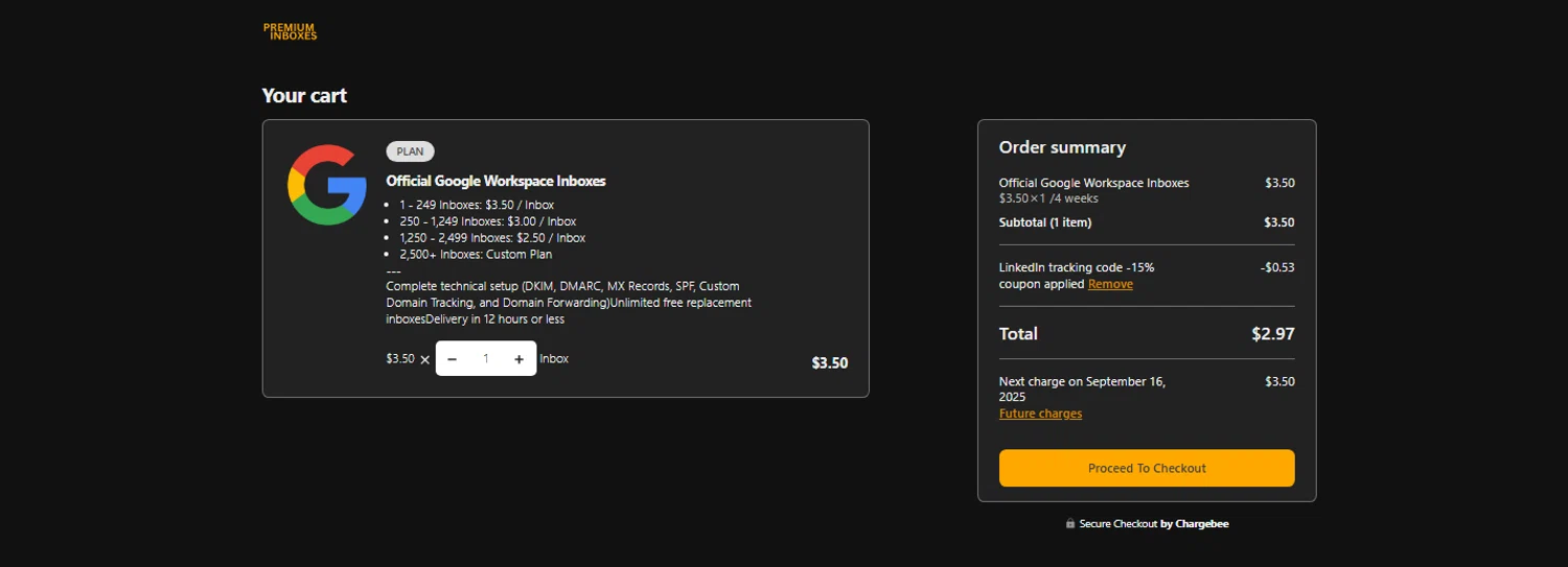 Premium Inboxes promo code screenshot showing code INBOXFIRST applied at Premium Inboxes checkout page. Uploaded by SimplyCodes community member OnlywM on Aug 19, 2025