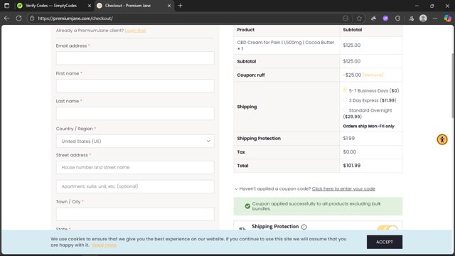 Premium Jane checkout page showing Premium Jane coupon code box | Screenshot taken by SimplyCodes community member on Aug 3, 2025