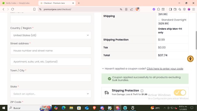 Premium Jane checkout page showing Premium Jane coupon code box | Screenshot taken by SimplyCodes community member on Jul 1, 2025