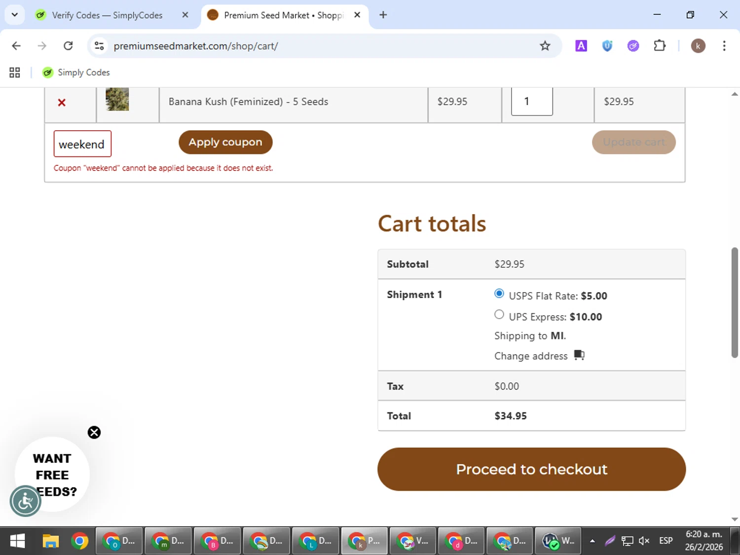 Premium Seed Market promo code screenshot showing code weekend applied at Premium Seed Market checkout page. Uploaded by SimplyCodes community member RewardRanger298 on Feb 26, 2026