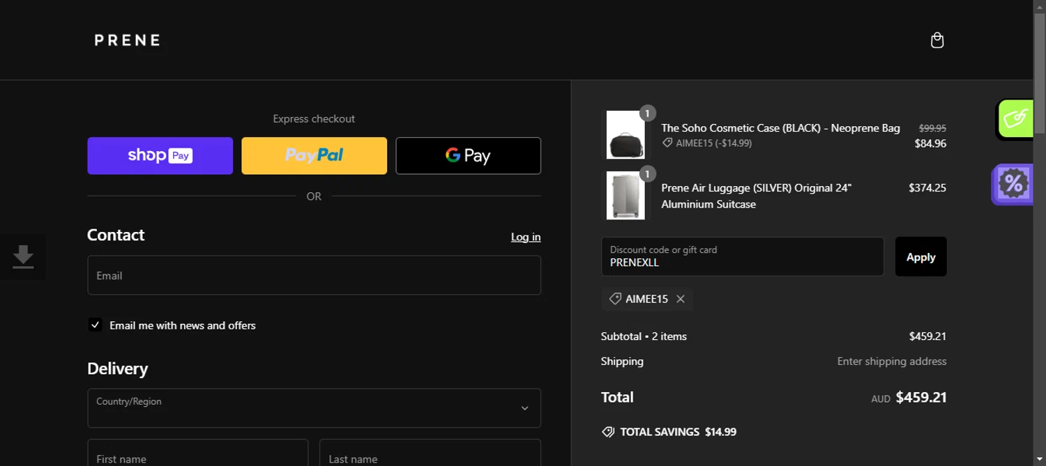 Prene Bags promo code screenshot showing code AIMEE15 applied at Prene Bags checkout page. Uploaded by SimplyCodes community member 111111 on Jan 22, 2025