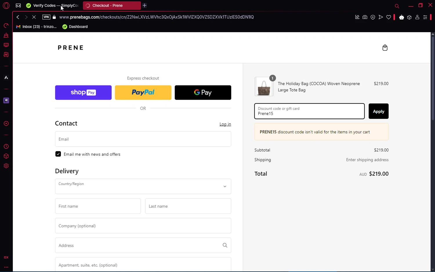 Prene Bags promo code screenshot showing code Prene15 applied at Prene Bags checkout page. Uploaded by SimplyCodes community member ShrewdPioneer2612 on Feb 24, 2025