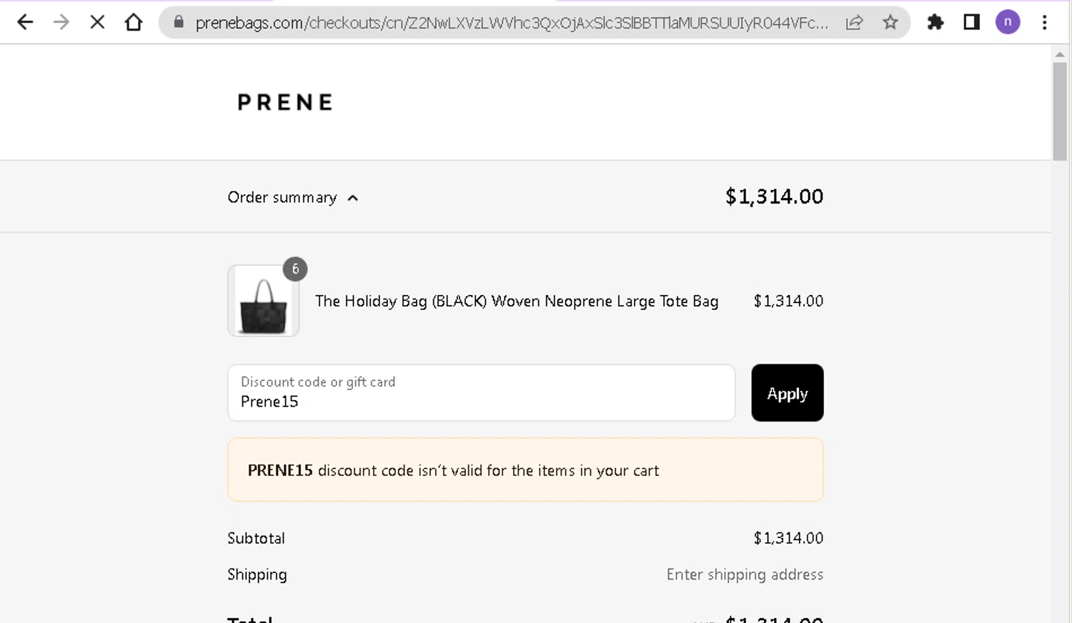 Prene Bags promo code screenshot showing code Prene15 applied at Prene Bags checkout page. Uploaded by SimplyCodes community member nairelysnavarro1 on May 27, 2025