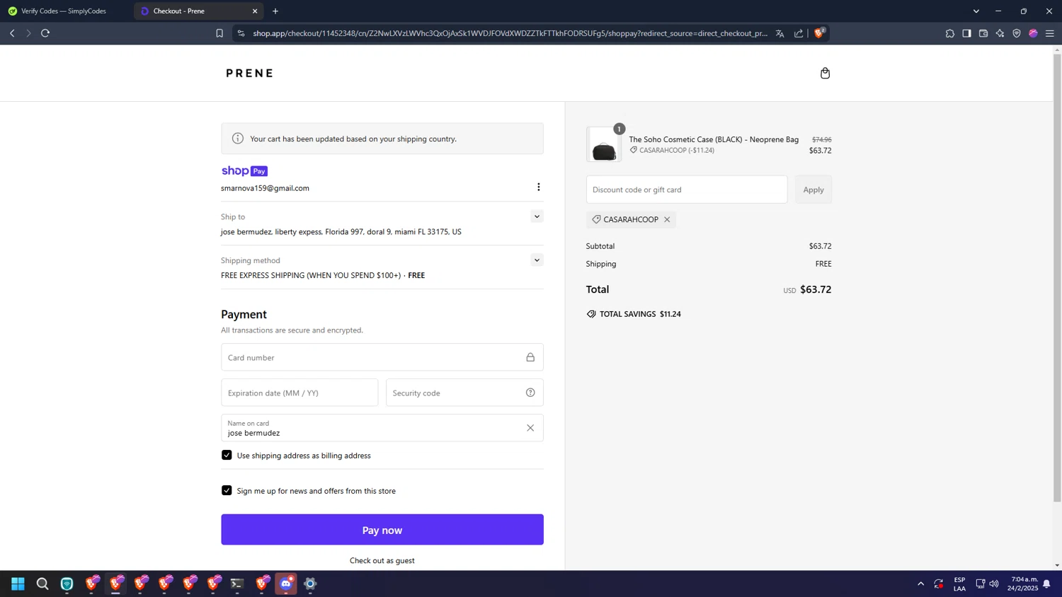 Prene Bags promo code screenshot showing code CASARAHCOOP applied at Prene Bags checkout page. Uploaded by SimplyCodes community member diosgreed2030 on Feb 24, 2025