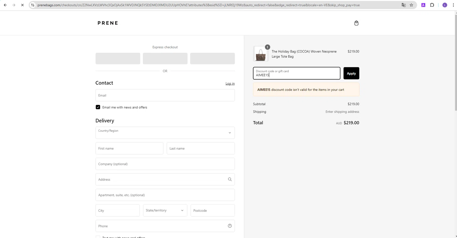 Prene Bags promo code screenshot showing code AIMEE15 applied at Prene Bags checkout page. Uploaded by SimplyCodes community member NobleKnight286 on Feb 24, 2025
