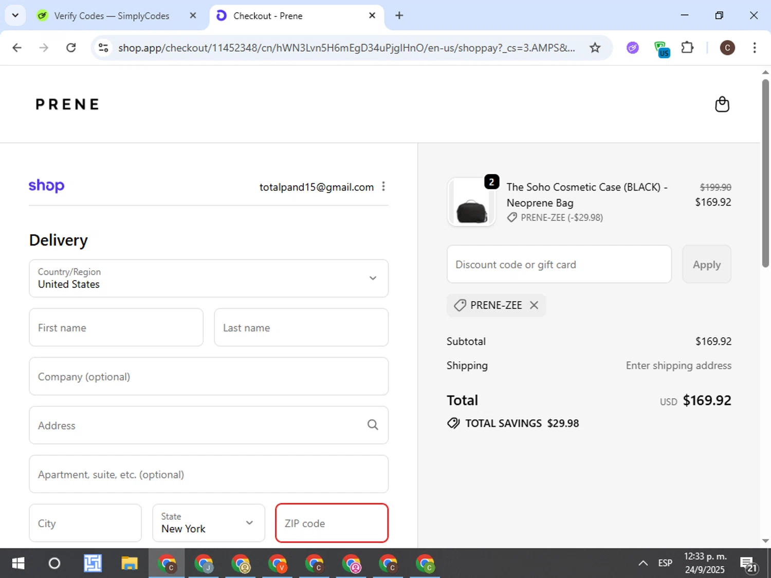 Prene Bags promo code screenshot showing code PRENE-ZEE applied at Prene Bags checkout page. Uploaded by SimplyCodes community member TreasureFox8596 on Sep 24, 2025