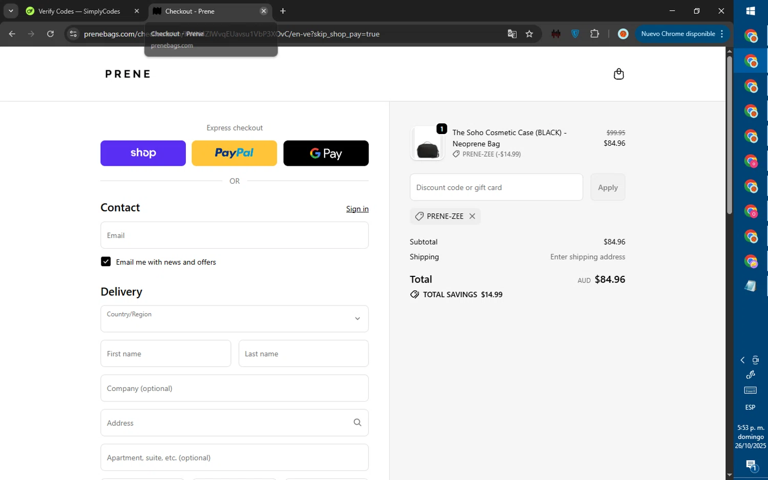 Prene Bags promo code screenshot showing code PRENE-ZEE applied at Prene Bags checkout page. Uploaded by SimplyCodes community member ValiantWarden8956 on Oct 26, 2025