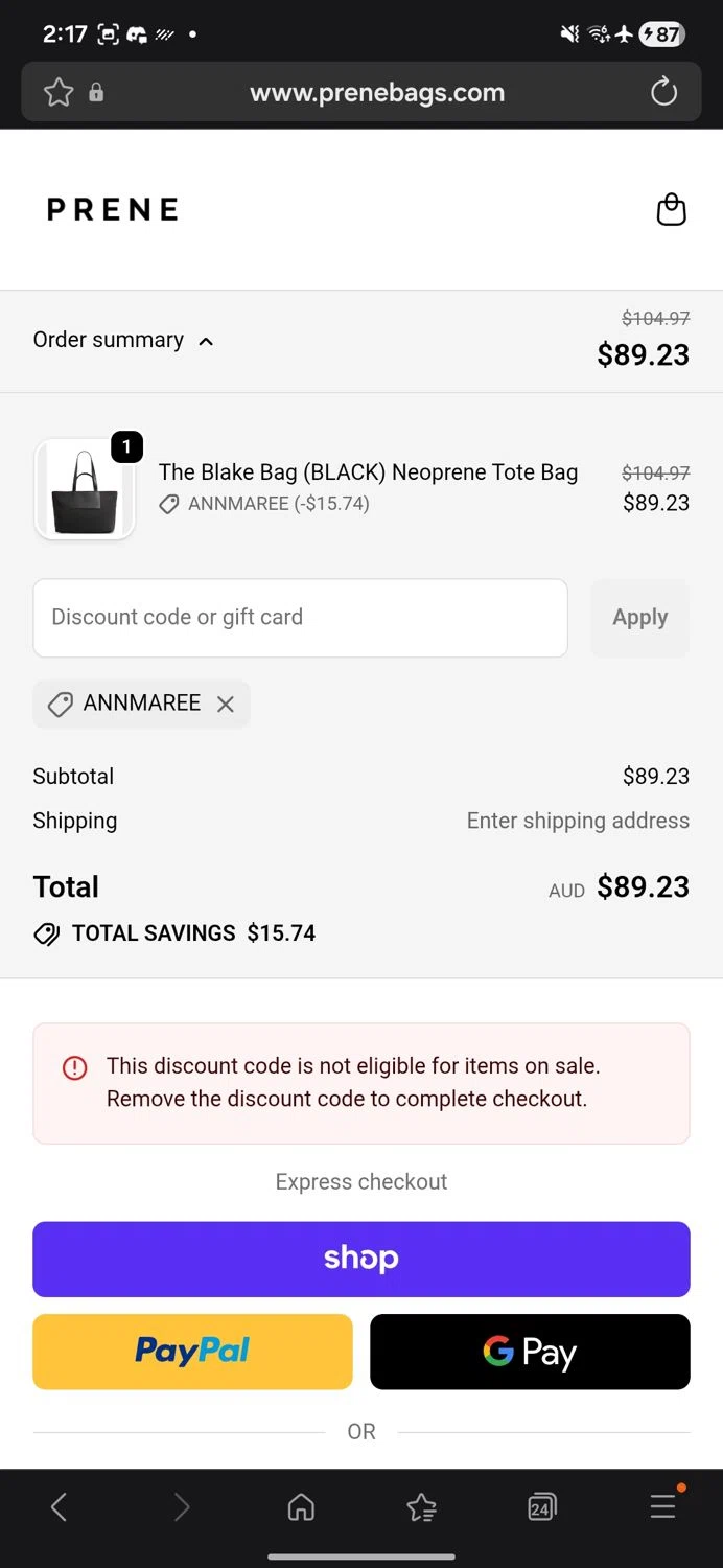 Prene Bags promo code screenshot showing code ANNMAREE applied at Prene Bags checkout page. Uploaded by SimplyCodes community member Carbon132 on Nov 24, 2025